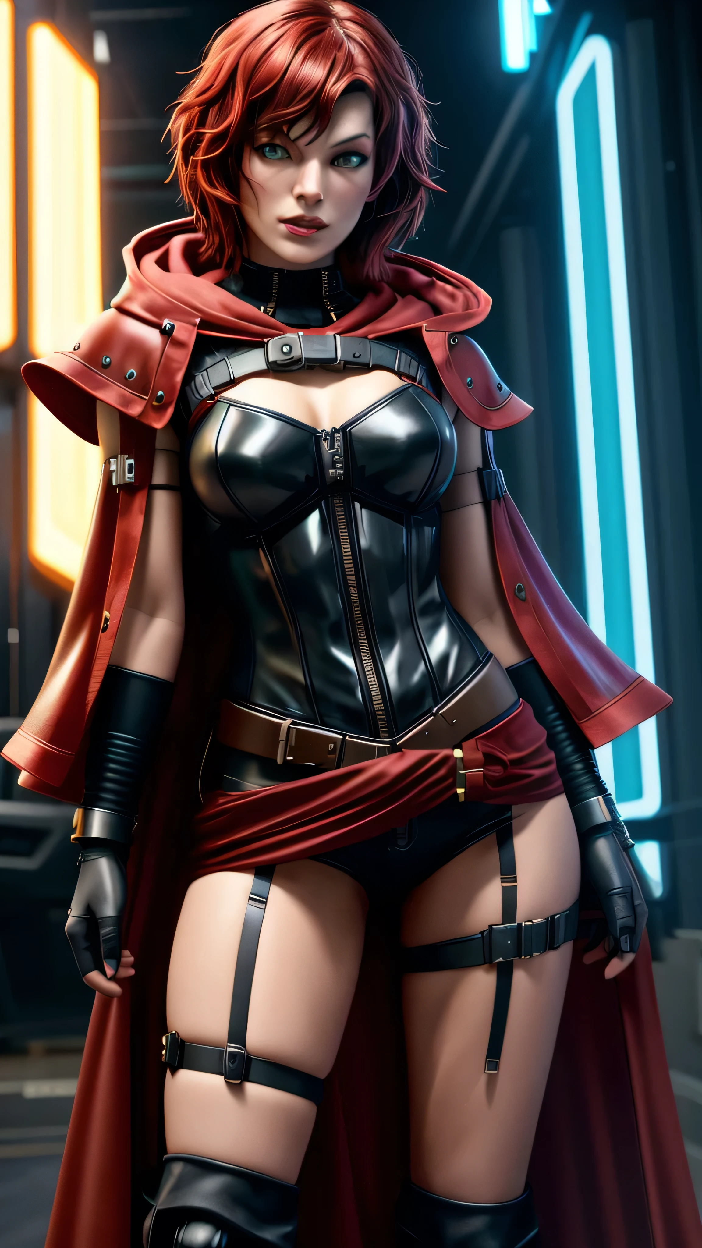 Koh_MillaJovovich as futuristic little red riding hood, cyberpunk messy short brown hair, cyberpunk red hood, cyberpunk cape, cyberpunk corset, cyberpunk dress, holding cyberpunk blades, cool pose, realistic, realism, masterpiece, best quality, ultra detailed, 8k, 4k, intricate, full-body-shot, cowboy-shot, 85mm, light particles, lighting, highly detailed, gradients, colorful, detailed ladscape, detailed background, dynamic angle, dynamic pose, rule of third composition, line of action, wide shot, daylight, solo, (insanely detailed, beautiful detailed face, masterpiece, best quality), cinematic lighting, 1woman, solo, full body view, front view, looking at viewer, intricate, high detail, sharp focus, dramatic, photorealistic painting art by greg rutkowski