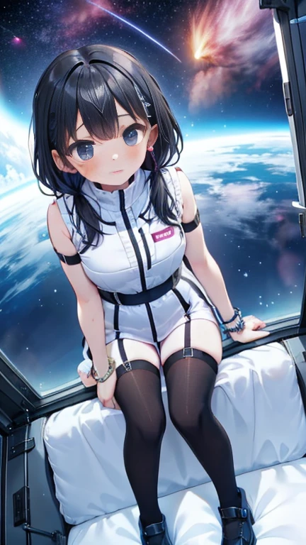 (Best Quality), (masterpiece), 1080P, High resolution, 4K, 8k, Inside the space station、Futuristic room、Thigh straps, Shooting from directly below, The woman on top of me, 白いsweat, Covered , sweat, Woman looking down, Skirt swimsuit, Thigh-high socks, To achieve this, , , whole body, Black leather shoes, Braided Hair, Inner Color, Embarrassed face, Short black hair, bracelet, bedroom,astrovest
