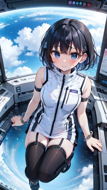 (Best Quality), (masterpiece), 1080P, High resolution, 4K, 8k, Inside the space station、Futuristic room、Thigh straps, Shooting from directly below, The woman on top of me, 白いsweat, Covered , sweat, Woman looking down, Skirt swimsuit, Thigh-high socks, To achieve this, , , whole body, Black leather shoes, Braided Hair, Inner Color, Embarrassed face, Short black hair, bracelet, bedroom,astrovest
