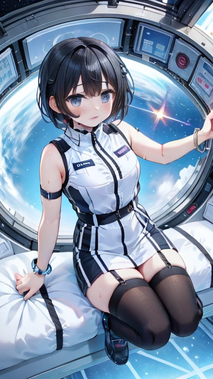 (Best Quality), (masterpiece), 1080P, High resolution, 4K, 8k, Inside the space station、Futuristic room、Thigh straps, Shooting from directly below, The woman on top of me, 白いsweat, Covered , sweat, Woman looking down, Skirt swimsuit, Thigh-high socks, To achieve this, , , whole body, Black leather shoes, Braided Hair, Inner Color, Embarrassed face, Short black hair, bracelet, bedroom,astrovest
