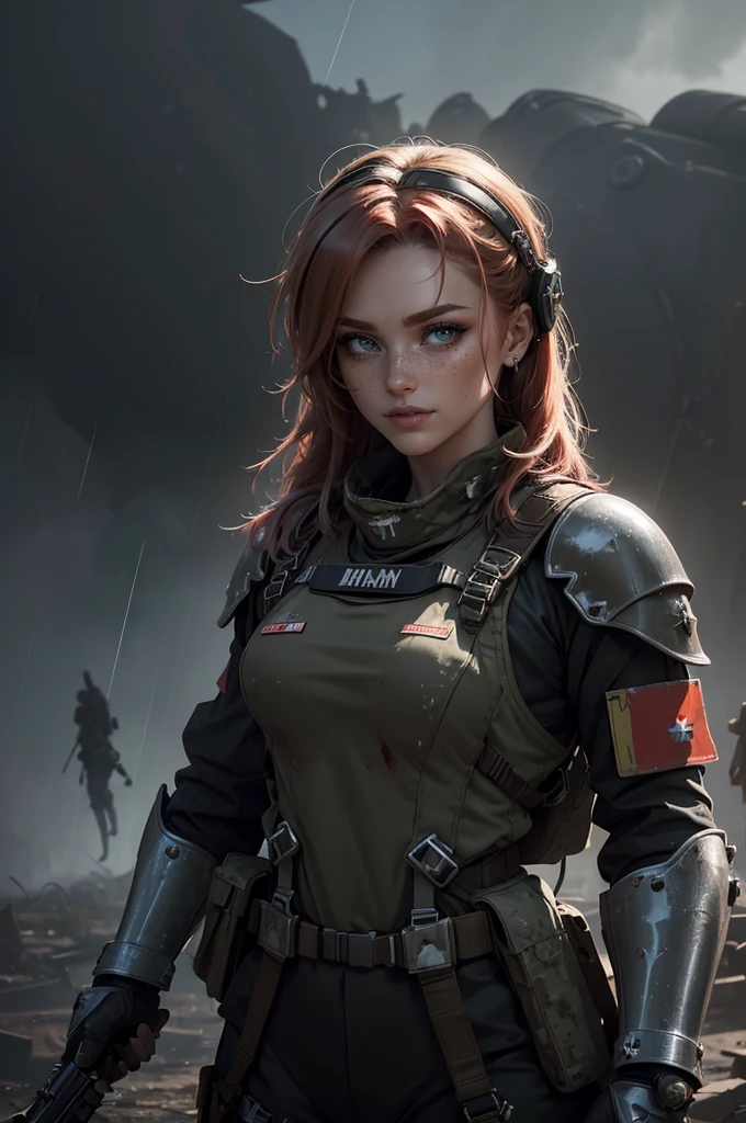 Postapocalyptic combat scene with a Beautiful hyperrealistic photograph of cute Young woman (((with Runic tattoos as a Combat Medic))), ((dirty face Blood splattered)), (((wearing Black Assault mecha armor, combat harness, Neon highlights, holding a assault rifle))) Short Blonde Dreadlocks, combat pose, (((Tending to Injured Soldiers))), exterior of Destroyed building, Fires, Smoke, debris, Camo netting, Ammo Boxes, Rain, Stormy, Wet, abstract beauty, near perfection, burning scene in the background, the forest is on fire, winner of the year's best photo, the world on fire, post-apocalyptic hellscape military photography, photo epic of the year, fire on the horizon, epic cinematic shot, pure form, intricate detail, 8k post-production, High resolution, super Detail, trending on ArtStation, sharp focus, studio photos, intricate detail, Very detailed, By Greg Rutkowski,A woman in red hair decked in full military gear, carrying a huge gun. Dystopian future.,Postapocalyptic combat scene with a Beautiful hyperrealistic photograph of cute Young Swedish woman with Runic tattoos, ((dirty face Blood splattered)), (((wearing full heavy mecha armor, combat harness, Neon highlights))) Short Red Dreadlocks, combat pose, (((Holding on to the side of a combat Sci-Fi Combat helicopter))), exterior of Destroyed building, Fires, Smoke, debris, Camo netting, Ammo Boxes, Rain, Stormy, Wet, abstract beauty, near perfection, pure form, intricate detail, 8k post-production, High resolution, super Detail, trending on ArtStation, sharp focus, studio photos, intricate detail, Very detailed, By Greg Rutkowski,Photo-realistic, ultra-realistic, (extremely beautiful Japanese, famous Japanese idol:1.3), (Fully equipped for battle:1.5), large assault rifle on her back, (Experienced army paratroopers:1.5),(she is about to landing with parachute at Army skydiving mission at night:1.5), parachute is fully extended, (painful impressions, crying:1.3), (wearing an army paratrooper's Camouflage outfits
