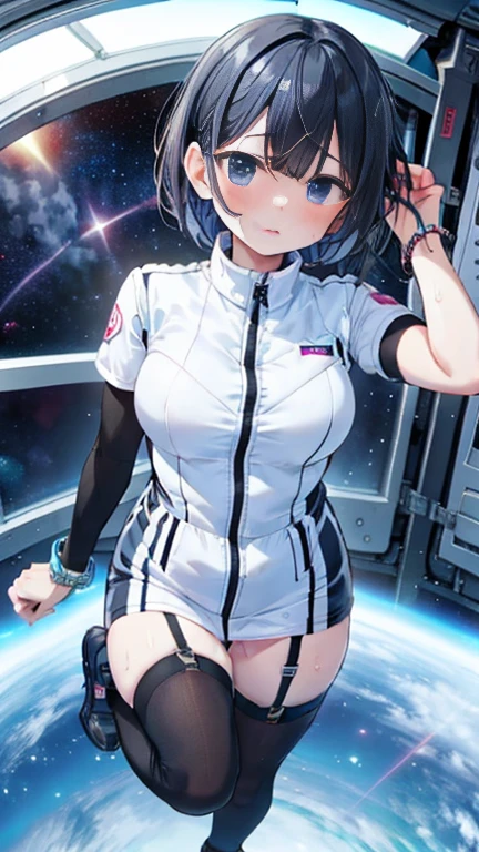 (Best Quality), (masterpiece), 1080P, High resolution, 4K, 8k, Inside the space station、Futuristic room、Thigh straps, Shooting from directly below, The woman on top of me, 白いsweat, Covered , sweat, Woman looking down, Skirt swimsuit, Thigh-high socks, To achieve this, , , whole body, Black leather shoes, Braided Hair, Inner Color, Embarrassed face, Short black hair, bracelet, bedroom,astrovest
