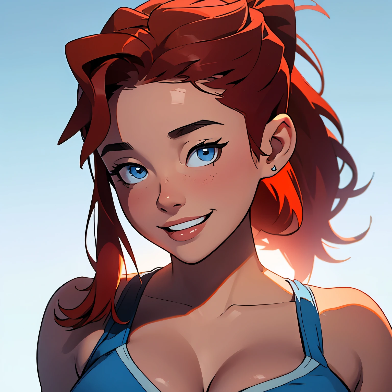 masterpiece, best quality, portrait, highest image quality, 2 woman, looks like Olivia Dunne, bright red hair, ponytail, blue eyes, smiling, (large breasts:1.5), White background, empty background, close up of her face