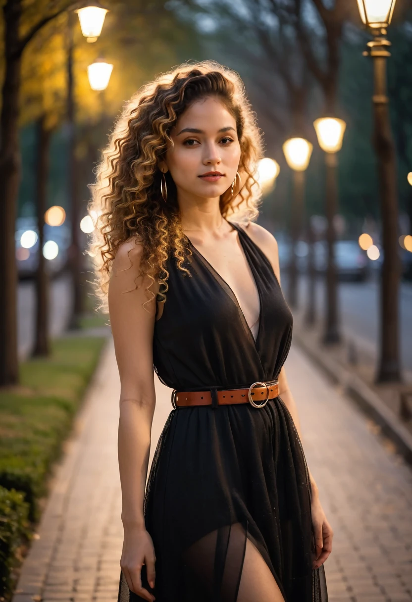 Midshot, woman, dusk setting, outdoor, transparent dress, black belt, standing, bokeh background, street lights, tree-lined pathway, wide shot, contemplative expression, curly hair, natural makeup, big , hoop earrings, hand in pocket, warm color tone, blurred background, shallow depth of field, fashionable attire, young adult, dusk lighting