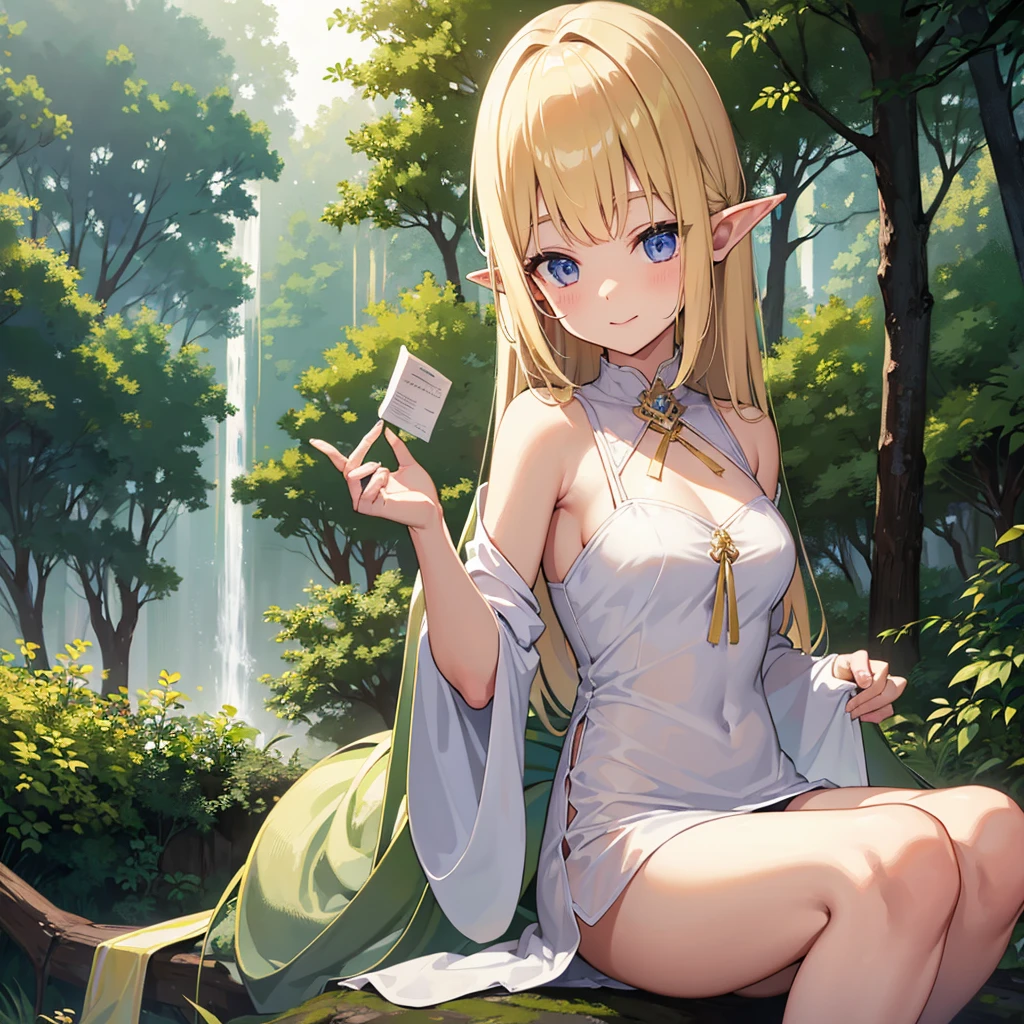 Mysterious light in the forest、　Fantastic　Mysterious　kind　　Beautiful Elf　magic　Midnight　Warm Light　smile　One on the screen　White Dress　Blonde　Tierra、Her panties are almost visible, but you can&#39;t see them、Nipples visible through clothes、Embarrassed、Thin fabric