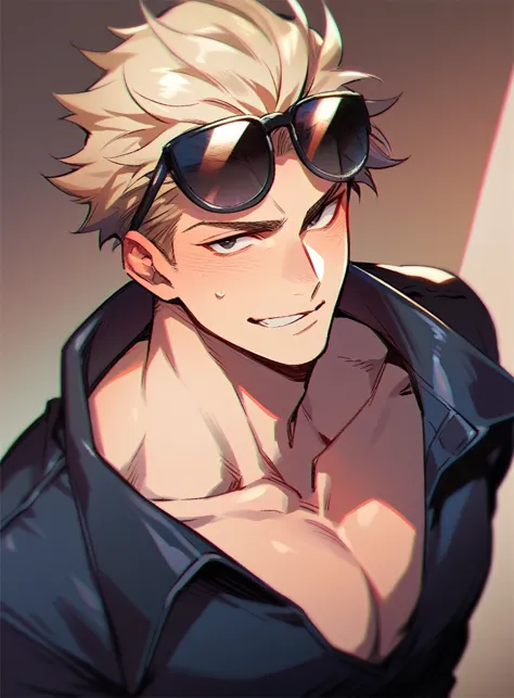 handsome man with sunglasses on head wearing a v-neck tight shirt with black eyes blonde disheveled with a jean