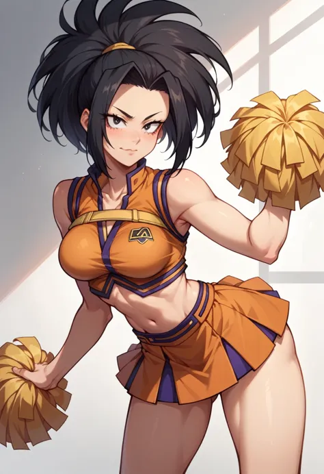 momo yaoyorozu from my hero academia, anime girl in a cheerleader outfit posing for a picture, faye valentine, ecchi anime style...