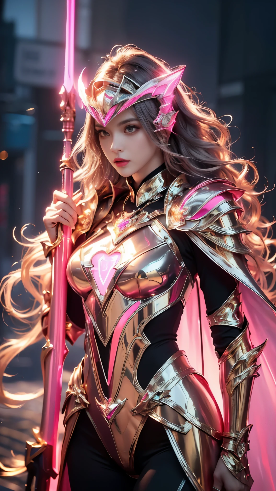 Top quality, masterpiece, ultra high definition, Original photo, 1 Girl, ((slim body)), ((wavy sardine)), cinematic lighting, very long hair, detailed eyes, wind, necklace, piercing, ((metallic cospaly)), ((ironic outfit)), ((pink armor)), ((electric cape)), ((waist)), ((queen helm)), ((glowing neon)), ((realistic)), in the palace, night weather, cinematic pose,