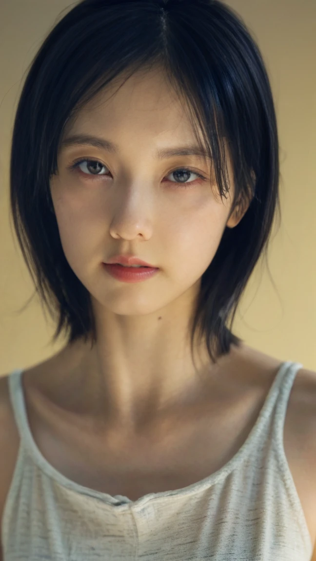 Dressed, (photo Realistic:1.4), (hyper Realistic:1.4), (Realistic:1.3), (Smooth lighting:1.05), (Improving the lighting quality of movies:0.9), 32K, One girl,20 year old girl, Realistic lighting, Backlight, Light on the face, Ray-tracing, (brightening light:1.2), (Improved quality:1.4), (Highest quality real textured skin:1.4), Detailed drawn eyes, Detailed painted face, Quality Eyes, (Tired, sleepy and satisfied:0.0), Face close-up, T-Shirts, (Enhance the mood of your body line:1.1), (Enhances the beauty of skin texture:1.1)