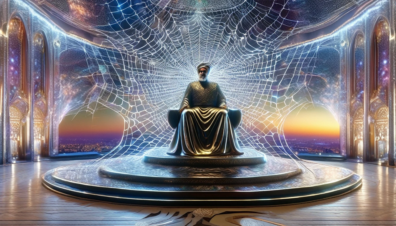 a realistic 4k photo of an Iranian king statue on a magnificent throne in a bright room, with a wonderful city in the background, spider webs and an astral cosmic web in the foreground, DonMC0sm1cW3bXL