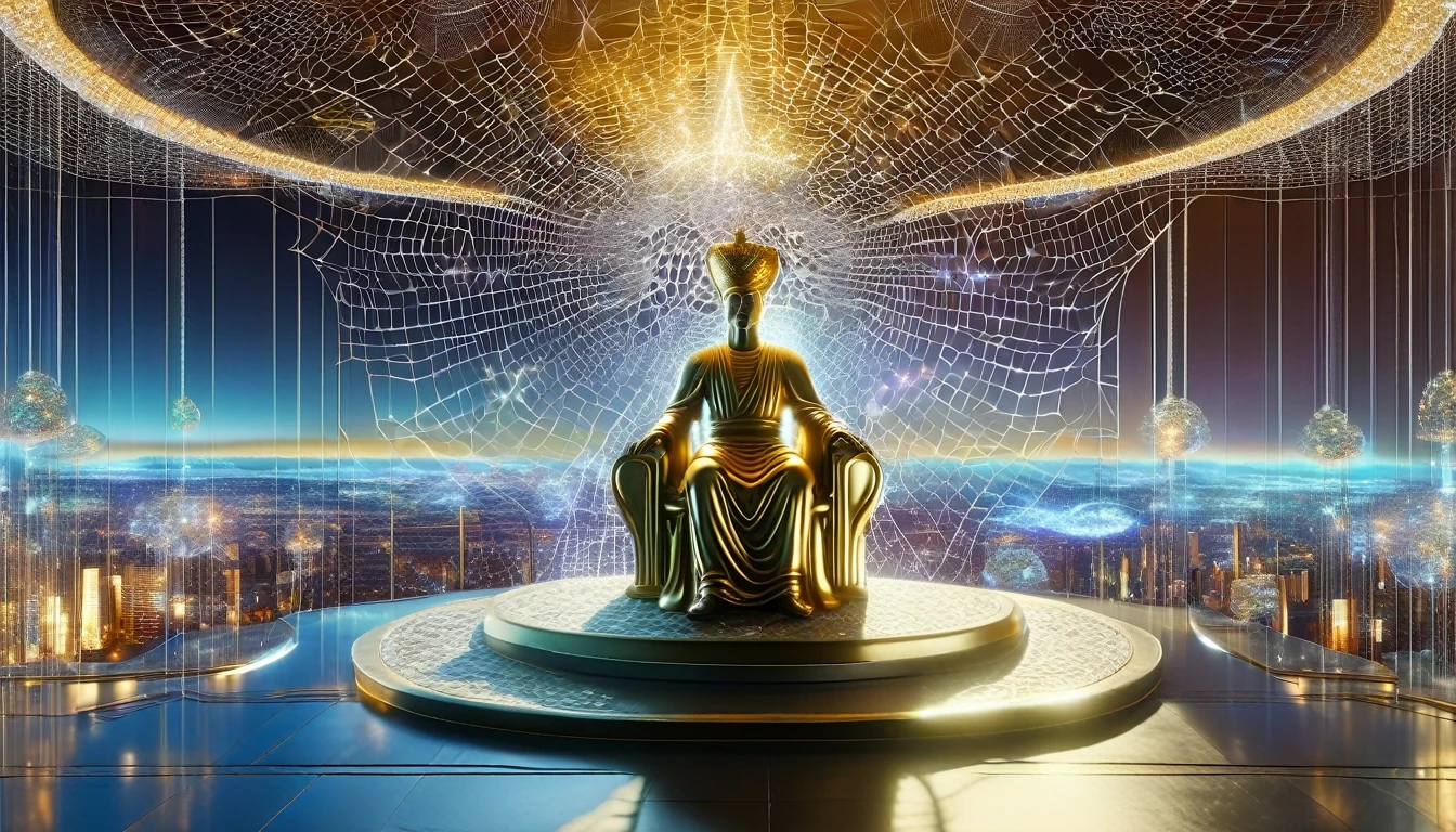 a realistic 4k photo of an Iranian king statue on a magnificent throne whit a gold crown on his head  in a bright room, with a wonderful city in the background, spider webs and an astral cosmic web in the foreground, DonMC0sm1cW3bXL