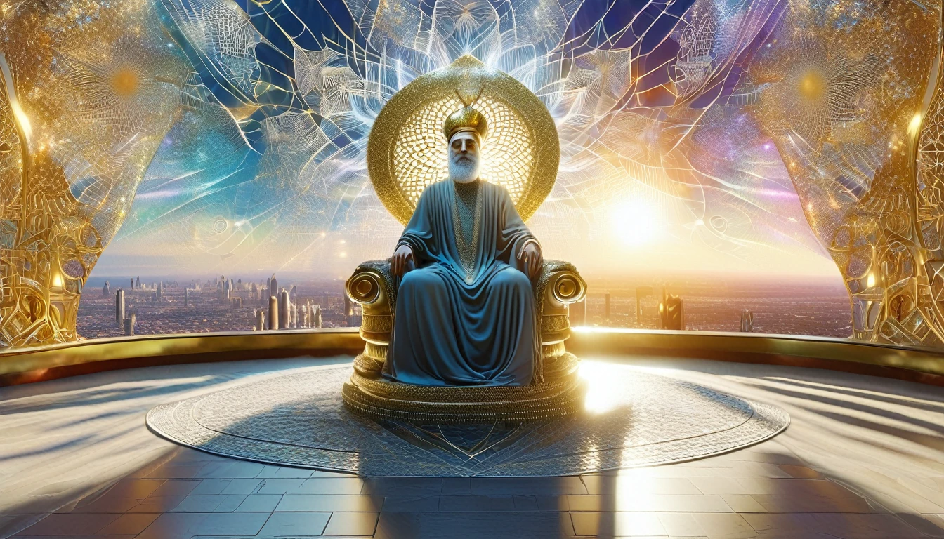 a realistic 4k photo of an Iranian king statue on a magnificent throne whit a gold crown on his head in a bright room, with a wonderful city in the background, sunburst and an astral cosmic web in the foreground, DonMC0sm1cW3bXL
