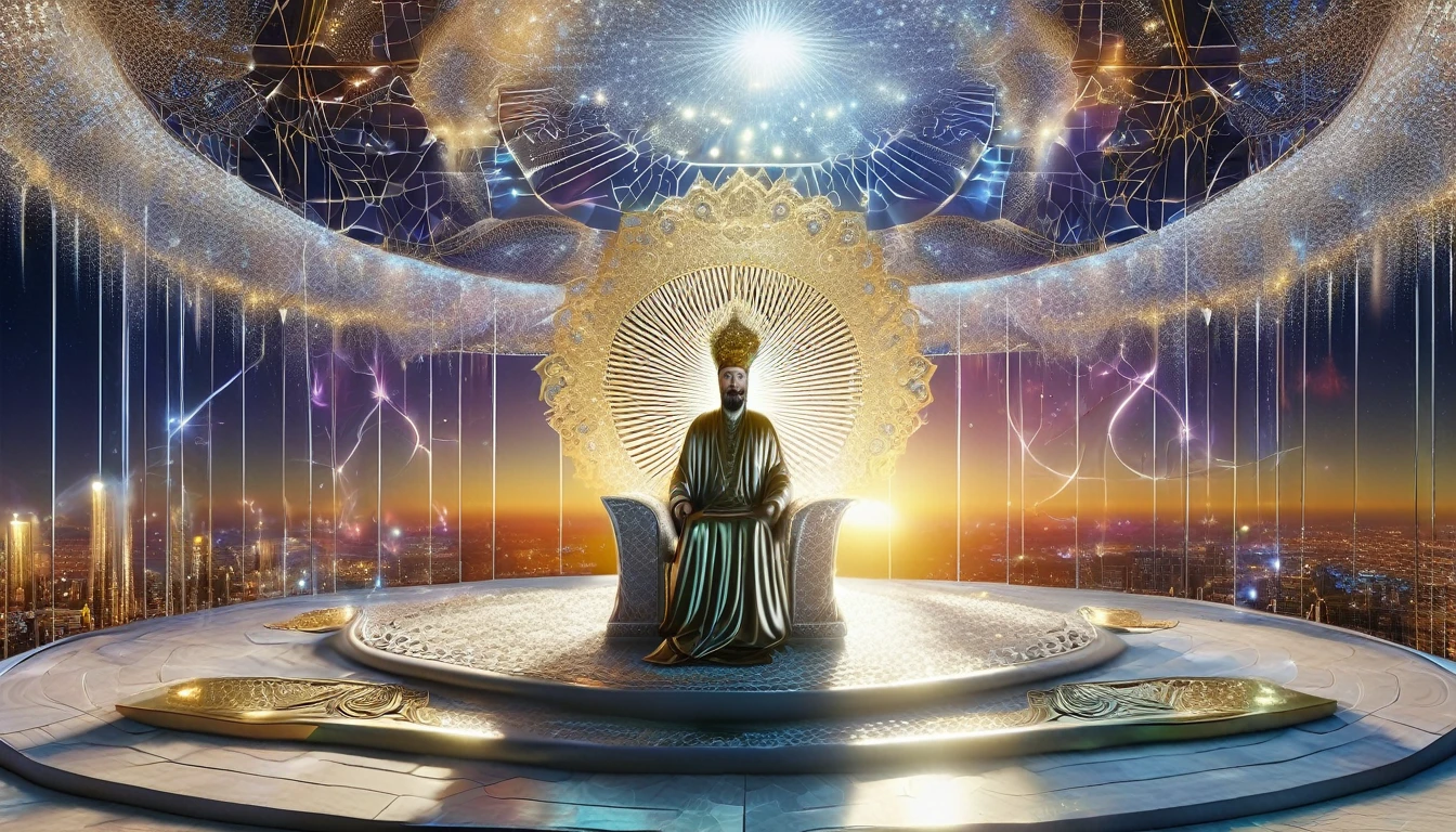 a realistic 4k photo of an Iranian king statue on a magnificent throne whit a gold crown on his head in a bright room, with a wonderful city in the background, sunburst and an astral cosmic web in the foreground, DonMC0sm1cW3bXL
