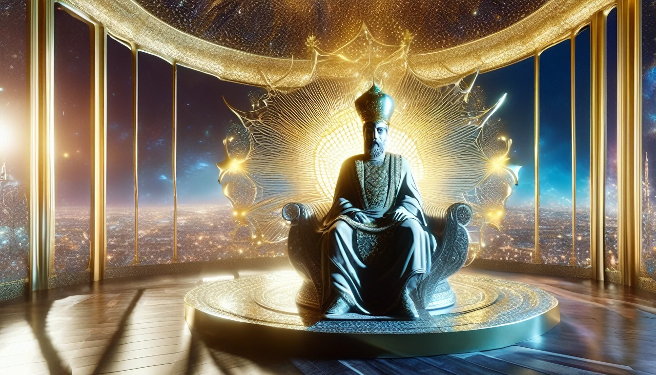 a realistic 4k photo of an Iranian king statue on a magnificent throne whit a gold crown on his head in a bright room, with a wonderful city in the background, sunburst and an astral cosmic web in the foreground, DonMC0sm1cW3bXL
