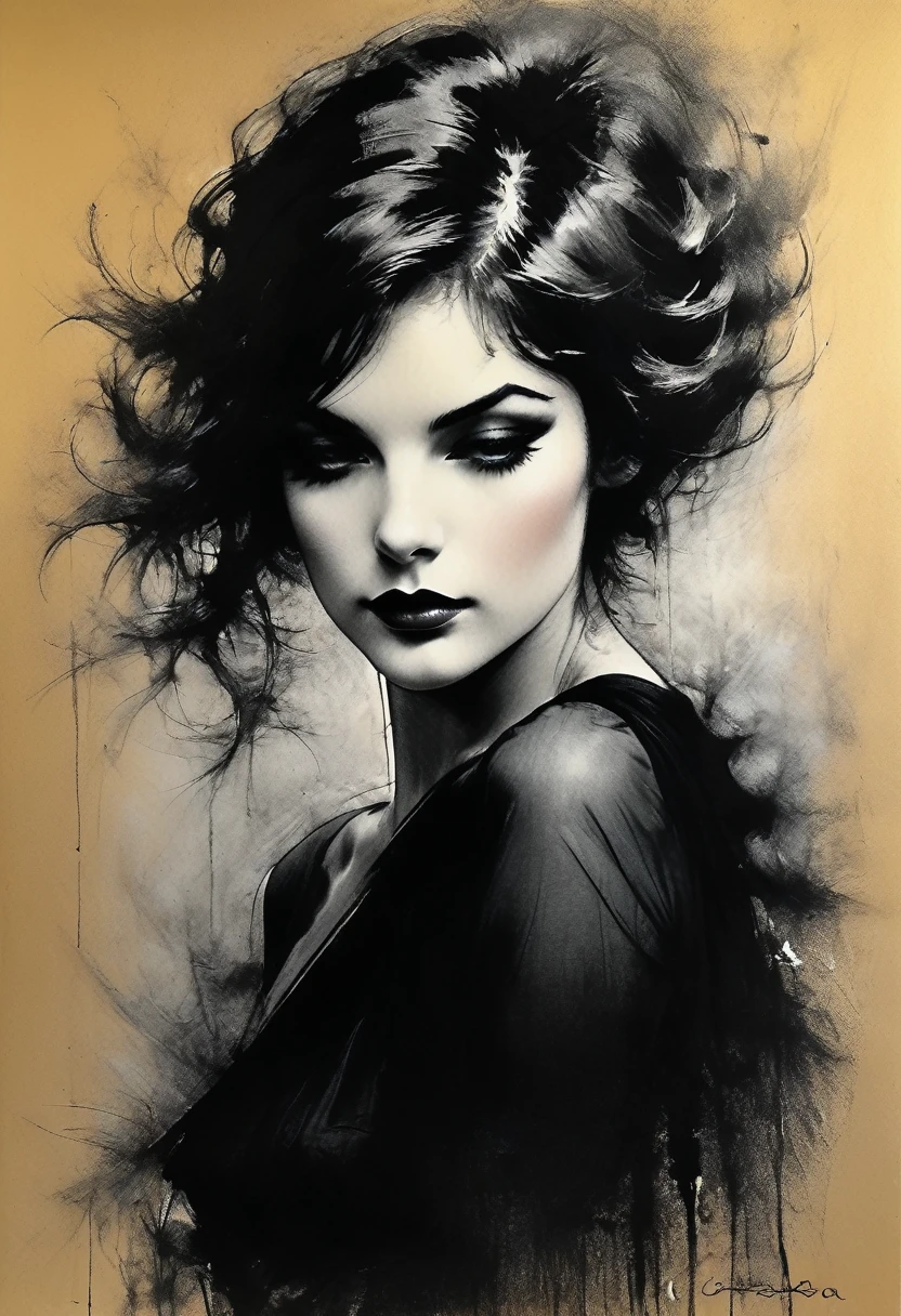 Charcoal drawing, pencil drawing, line drawing, graphite drawing, tinted paper, masterpiece, (nude 1920s pinup girl by Conrad Roset, Nicola Samori), (intentionally beautiful: 1.4), (black evening dress, pretty face , long hair, golden hair), silver lights), better lighting, more details XL, beauty. Art by Antonio Mora, Andre Cohn, Arthur Bordalo, Bob Ringwood, Benedict Ban,