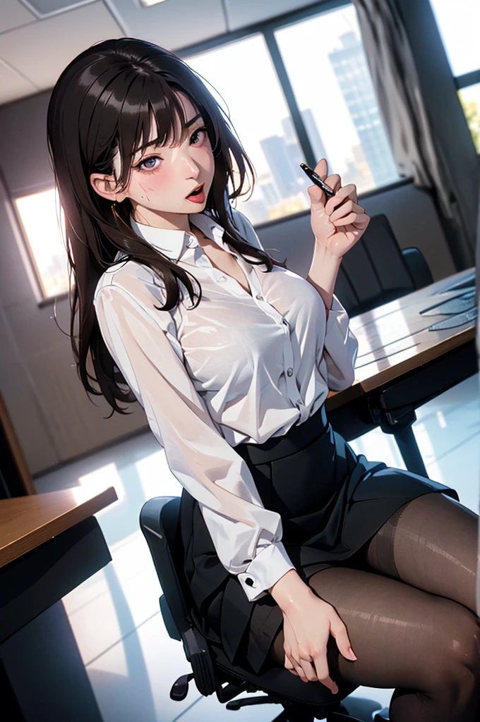 (masterpiece, best quality), a young black haired girl office secretary dressed in a transparent white blouse and black office skirt and black pantyhose ,sitting in an office chair, holding pencil, (detailed skin:1.3),(detailed eyes), (sharp focus),Lie on your back and spread your legs、Handjob、Grab your penis and move it up and down、Pretty blushing、Raise your hands、Open your mouth and stick out your tongue、Sweaty、Staring at the audience、