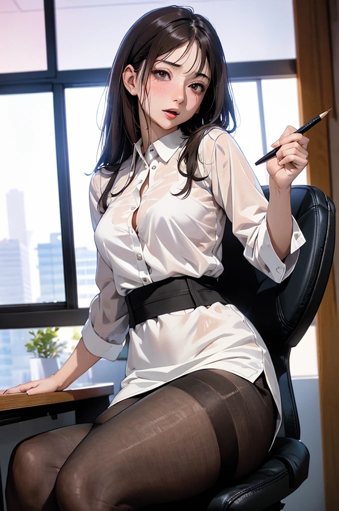 (masterpiece, best quality), a young black haired girl office secretary dressed in a transparent white blouse and black office genes､and black pantyhose ,sitting in an office chair, holding pencil, (detailed skin:1.3),(detailed eyes), (sharp focus),Lie on your back and spread your legs、Handjob、Grab your penis and move it up and down、Pretty blushing、Raise your hands、Open your mouth and stick out your tongue、Sweaty、Staring at the audience、