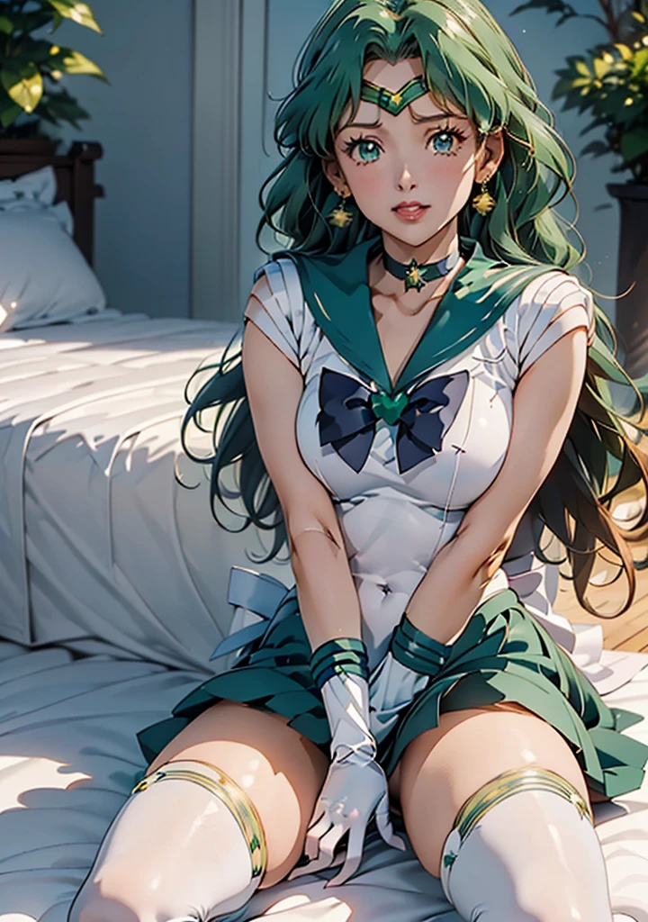 (La Highest quality,High resolution,Very detailed,Actual),Ariana Grande,One Girl, Sailor Neptune, (Sailor Warrior Uniforms:1.4), Dark green hair, Medium Hair, Supplicant Skirt, Earrings, (白いElbow hand pockets:1.4), gem, Center of chest, Dynamic Background, Dynamic posture, High heels,More detailed 8K.Unreal Engine:1.4,超High resolution,La Highest quality:1.4, Realistic:1.4, Skin Texture:1.4, masterpiece:1.8,masterpiece, Highest quality,Object Object], (Detailed facial features:1.3),(Great hands),,(White knee-high boots: 1.4), choker, (White gloves:1.4), choker verde, Elbow hand pockets, gem, Earrings, Green Skirt, Green Hair,(Sailor Neptune:1.4), ,(Hand Detail:1.4 ), ,,(Beautiful green eyes ), ((Spread your legs:1.5)),, From the knee up, Sitting, Raise your knees, Raise your arms above your head, lying on bed