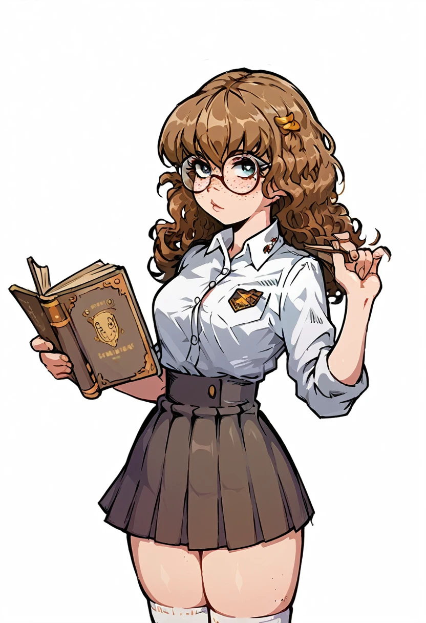 Flat colors, young short girl, standing in front of you, long brown curly hair, glasses, freckles, pleated skirt and tight dress shirt, thigh high socks, uniform, big boobs, tiny waist, wide hips, seductive body, holding book, seducing you, bedroom eyes, upper body shot, pressing tits into book