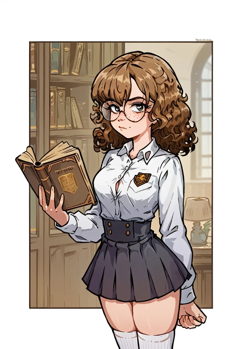 Flat colors, young short girl, standing in front of you, long brown curly hair, glasses, freckles, pleated skirt and tight dress shirt, thigh high socks, uniform, big boobs, tiny waist, wide hips, seductive body, holding book, seducing you, bedroom eyes, upper body shot, pressing tits into book, horny, nsfw