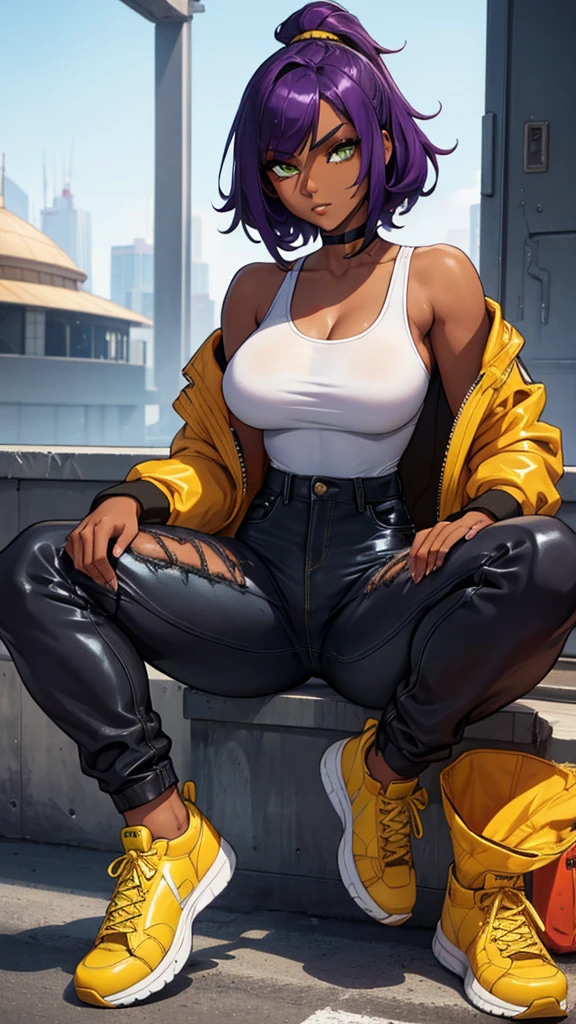 Only a black girl, dark skin. purple hair.  Green eyes.  Slender, athletic and elegant build.  Yellow tank top, black latex pants, a denim jacket.  She completed her outfit with yellow sneakers.amazing stunningly beautiful, most beautiful women ever. Busty