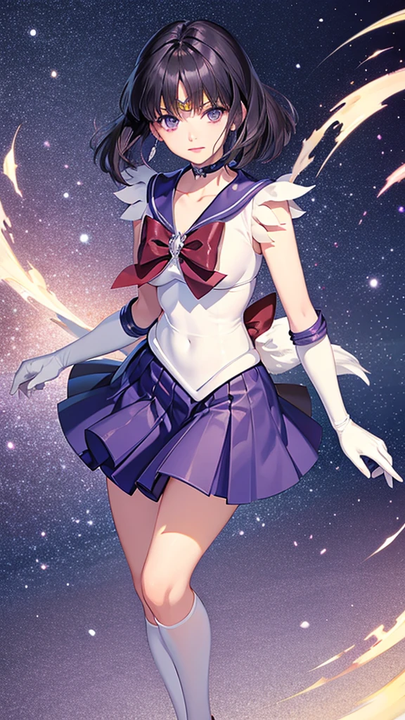 sailor saturn, 1 girl, black hair, short hair, purple eyes, detailed eyes, simple background, female focus, alone, Standing, Hotaru Tomoe, portrait, full body, (Masterpiece:1.0), (best quality:1.0) , (wallpaper 8k:1.0), (detailed beautiful face:1.0), (detailed deep eyes), deep eyes, looking at viewer, sailor scout, lilac bow on chest, lilac skirt, white gloves,,