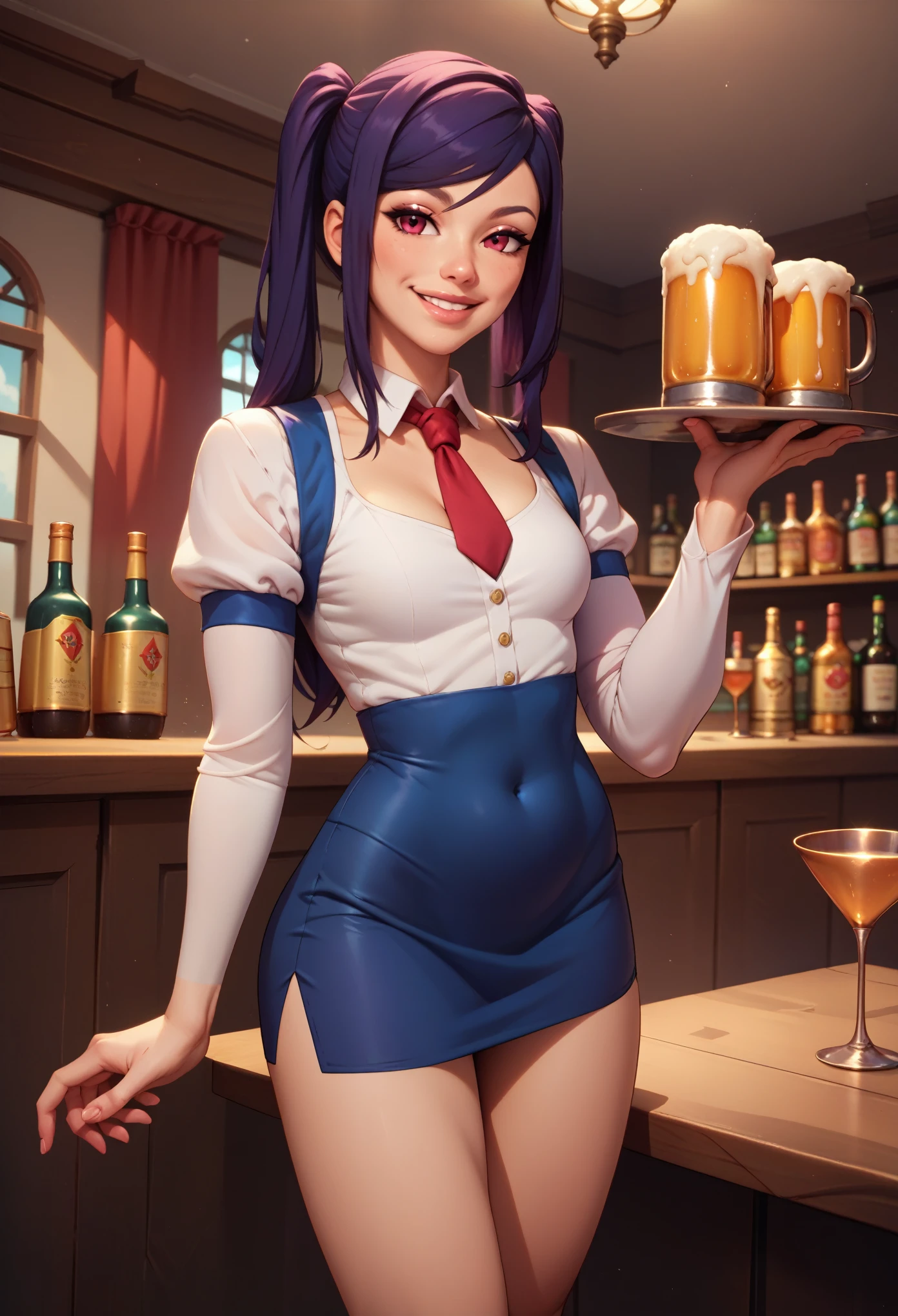 8k, high detailed picture, (plump smiling lips:1.1), look at you, perfect flat breast, gloomy girl, thin and elegant hands, neat palms, perfect hands, holds in hands a tray with beer mugs, neat feet, skinny girl, long legs, tight micro skirt, Bar photo, jill stingray, necktie, alcohol