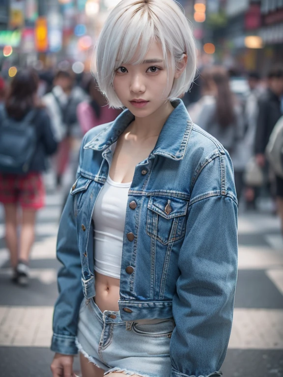 (RAW Photos:1.2), (Realistic:1.4), Cinema Lighting, Beautiful detailed 1 Japanese woman, Very detailed eyes and face,  ((wearing denim jacket on bare skin, no bra and denim shorts)), Beautiful attention to detail, High resolution, Very detailed, Highest quality, masterpiece, pixie cut white hair,  (Dynamic pose), (Sexy pose),  (Bent knees), squatting, nsfw, upshorts, from below, in crowded Akihabara crossing