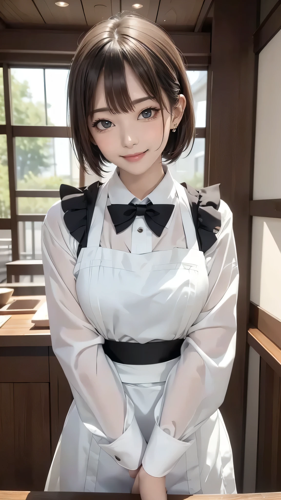 cute 2 japanese、apron, black bow tie、Waiter、Cafe、super detail face、pay attention to details、double eyelid、beautiful thin nose、sharp focus:1.2、Beautiful woman:1.4、(light brown hair,short hair、),pure white skin、highest quality、masterpiece、ultra high resolution、(Photoreal:1.4)、Highly detailed and professional lighting、nice smile、Carry dishes、Please show me your whole body、