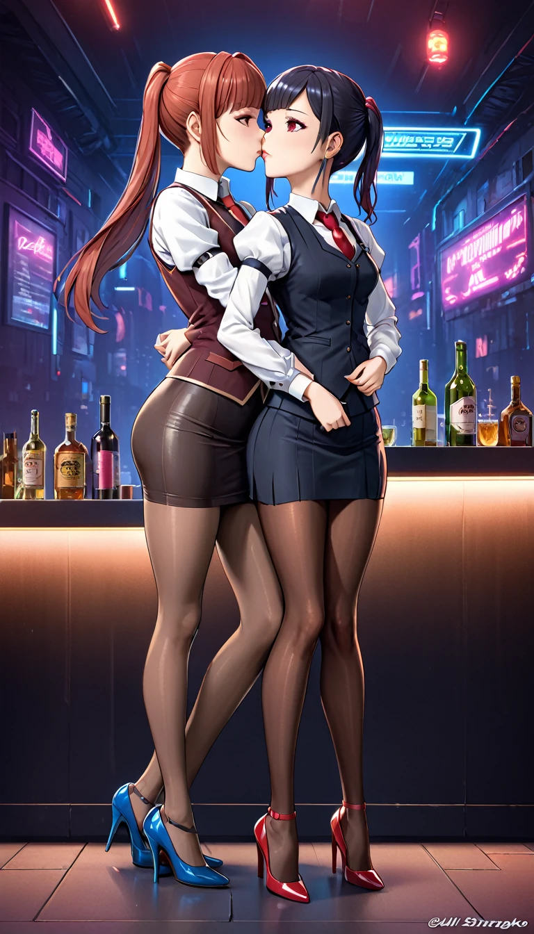 2 girls, crossover, 16k, arms behind back, slim figure, flat bust, sparkling red eyes, Light blue eyelashes, high-heels, dark skirt, seductiv, Charming, small tit, jill stingray, necktie, pantyhose, skirt, vest, white shirt, cyberpunk styled bar, masterpiece, lesbian kiss a girls, beatrice (umineko)