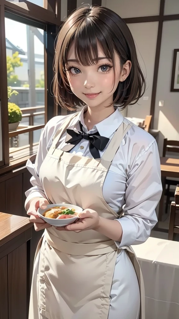 cute 2 japanese、apron, black bow tie、Waiter、Cafe、super detail face、pay attention to details、double eyelid、beautiful thin nose、sharp focus:1.2、Beautiful woman:1.4、(light brown hair,short hair、),pure white skin、highest quality、masterpiece、ultra high resolution、(Photoreal:1.4)、Highly detailed and professional lighting、nice smile、Carry dishes、Please show me your whole body、