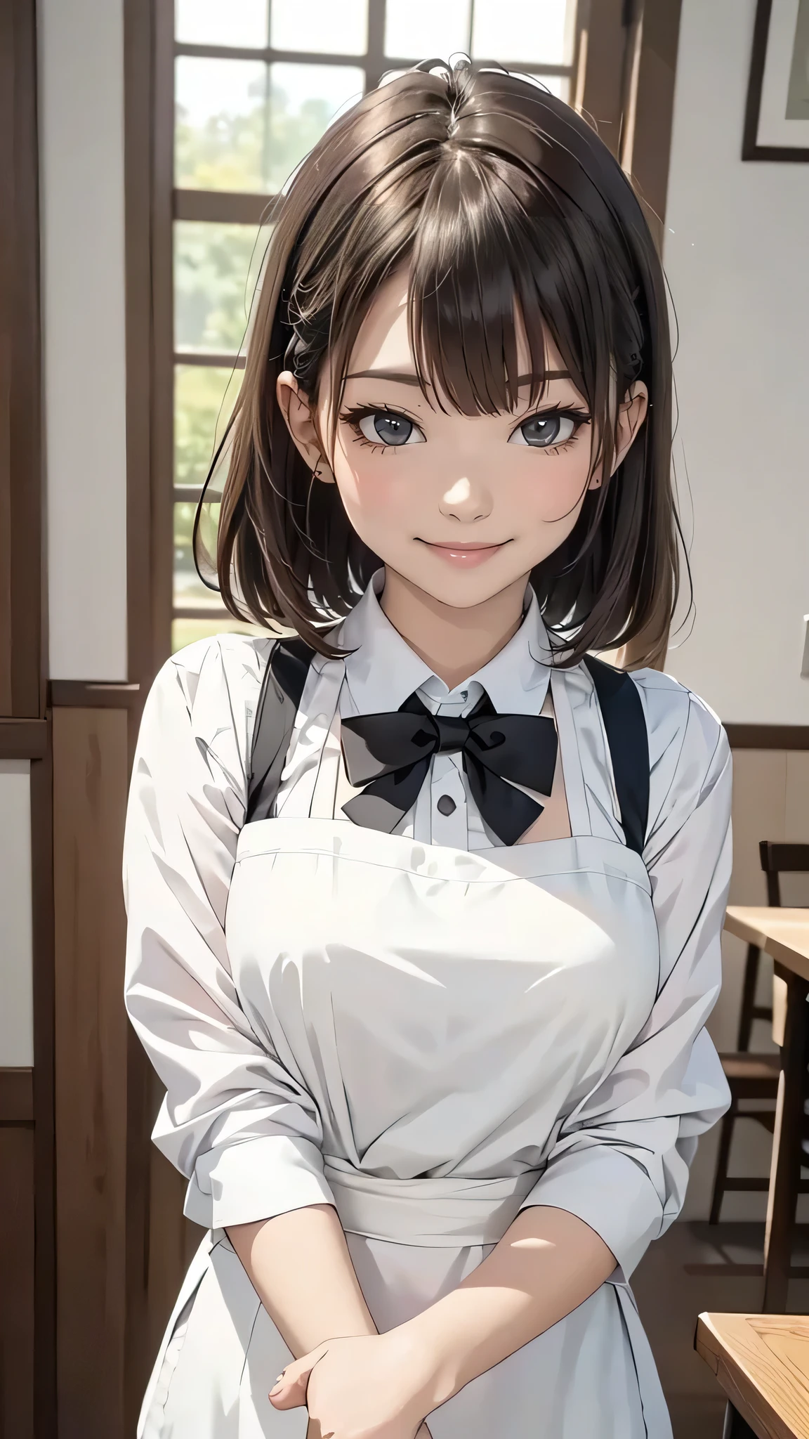 cute 2 japanese、apron, black bow tie、Waiter、Cafe、super detail face、pay attention to details、double eyelid、beautiful thin nose、sharp focus:1.2、Beautiful woman:1.4、(light brown hair,short hair、),pure white skin、highest quality、masterpiece、ultra high resolution、(Photoreal:1.4)、Highly detailed and professional lighting、nice smile、Carry dishes、Please show me your whole body、