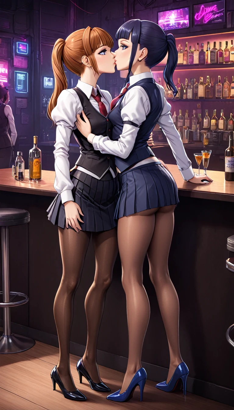 2 girls, crossover, 16k, arms behind back, accurate hands and fingers, slim figure, flat bust, Light blue eyelashes, high-heels, dark skirt, seductiv, Charming, small tit, jill stingray, necktie, pantyhose, skirt, vest, white shirt, cyberpunk styled bar, masterpiece, lesbian kiss a girls, beatrice (umineko)