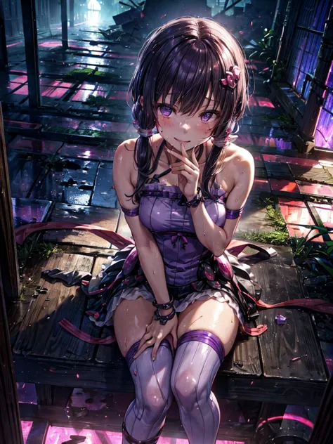 detailed, yuzuki yukari, gloss, sweaty, saliva, relax, first-person view, mysterious smile, in the ruins, sit, ear piercing, sed...