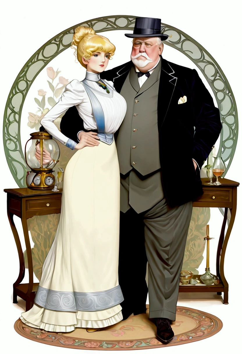 portrait of (((a small gorgeous well-endowed 14yo blonde bimbo groped by her large elderly overweight 69yo suitor))) in the parlor, art nouveau drawing. Year 1901. 1900_dr3ss. Girl wearing a fashionable Edwardian outfit and hat, hourglass figure. Man wearing dinner suit. 1girl, 1man. NSFW.