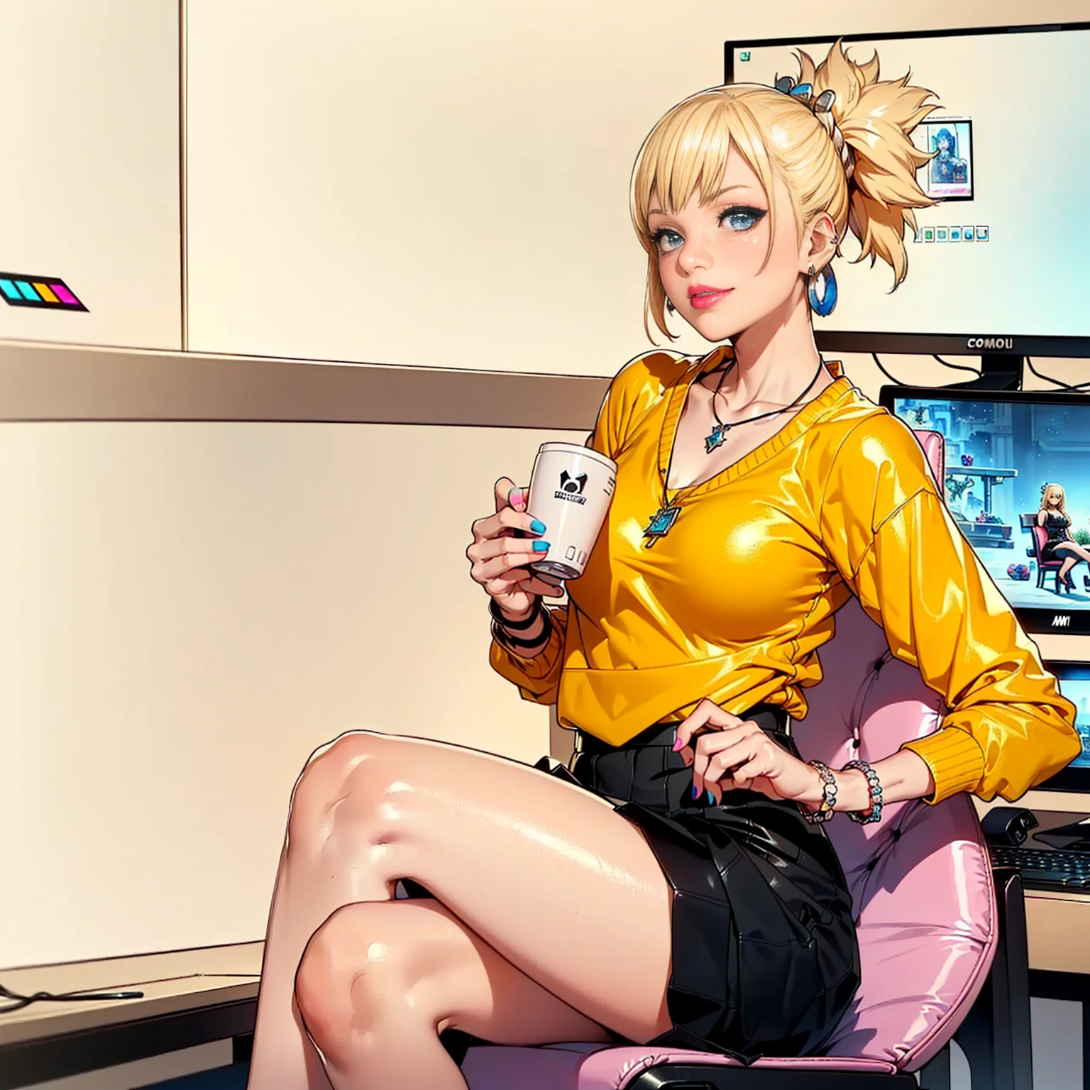 ((1woman, (solo, 1girl, alone), kohaku, blonde hair, blue eyes, tied hair)), smug, ((solo, (1woman, pink lipstick), Extremely detailed, ambient soft lighting, 4k, perfect eyes, a perfect face, perfect lighting, a 1girl)), austere, (( streamer girl, cyber girl, nerd girl, geek girl, printed sweatshirt, black skirt, gamer chair, computer, monitor, video games, table, sitting, crossed legs, bracelets, earrings, necklace, high heels, stiletto heels, smug ))