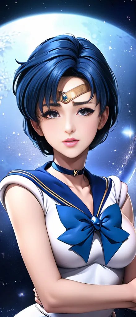 beauty、very cute face、outstanding proportions、best image quality、masterpiece、8k、soft look、upper body only、(sailor mercury、every ...