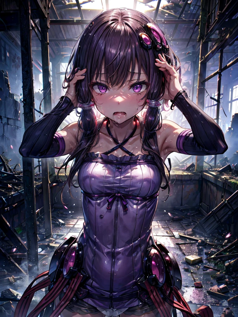 Detailed, yuzuki yukari, gloss, sweaty, saliva, relax, First-person view, Mysterious atmosphere, In the ruins, stand, Ear piercing, Seductive pose, , Clothes that show your body lines,  Cut-in, 