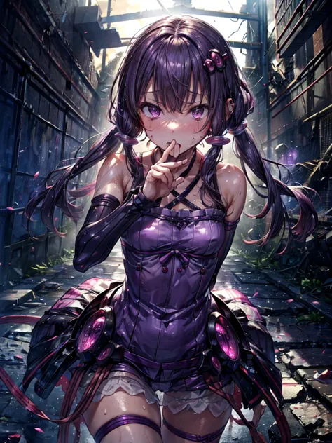 detailed, yuzuki yukari, gloss, sweaty, saliva, relax, first-person view, mysterious atmosphere, in the ruins, stand, ear pierci...