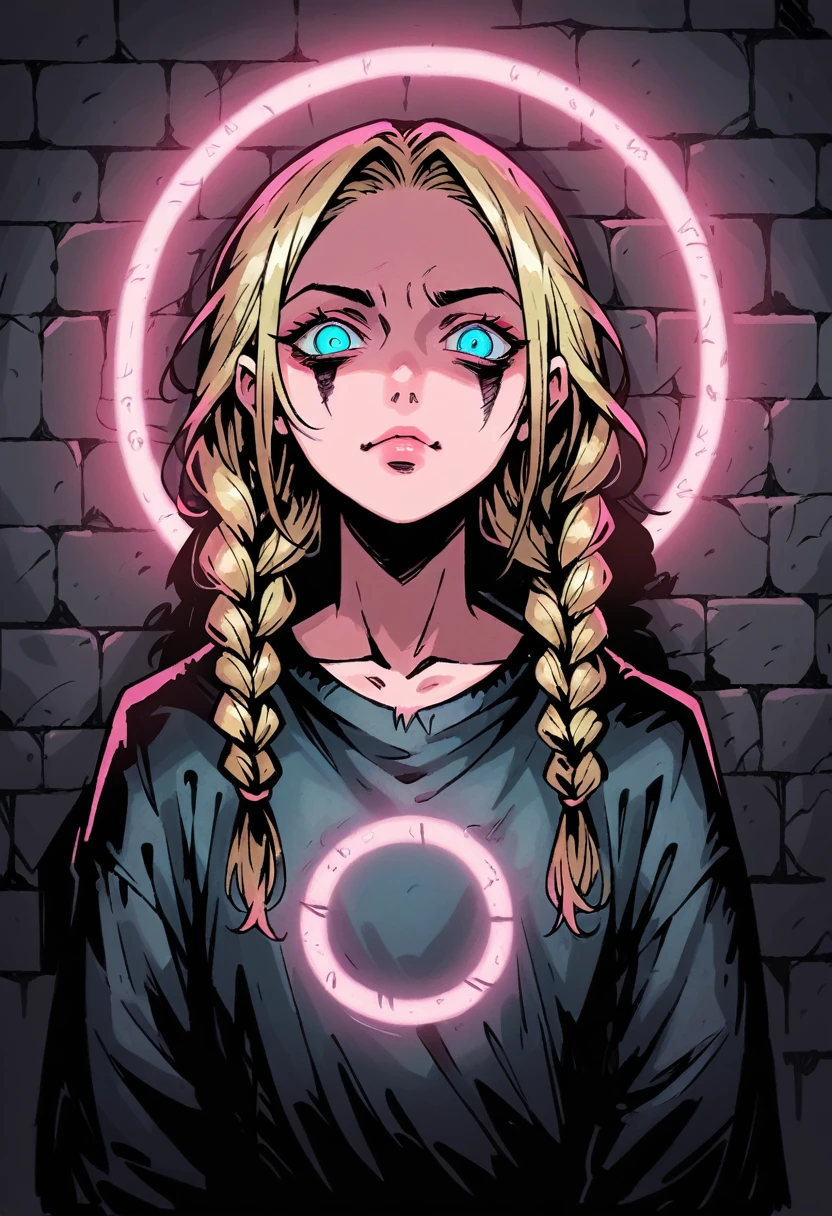 Medium close-up of blonde girl, box braids hairstyle. 20 years old. Detailed blue-grey eyes. Disturbed face expression, looking directly at the viewer, with a finely detailed, ultra-clear face. Oversized white woolen longsleeve, highly detailed, with thick outlines and dramatic light, inspired by Chris Bourassa. pink neon disk behind. The background features a weathered brick wall with pink neon light, creating dark, atmospheric scene. Highly detailed, inspired by Chris Bourassa's. Dramatic light, pink neon lamp lights. Somber character design with thick outlines. pink neon disk behind
