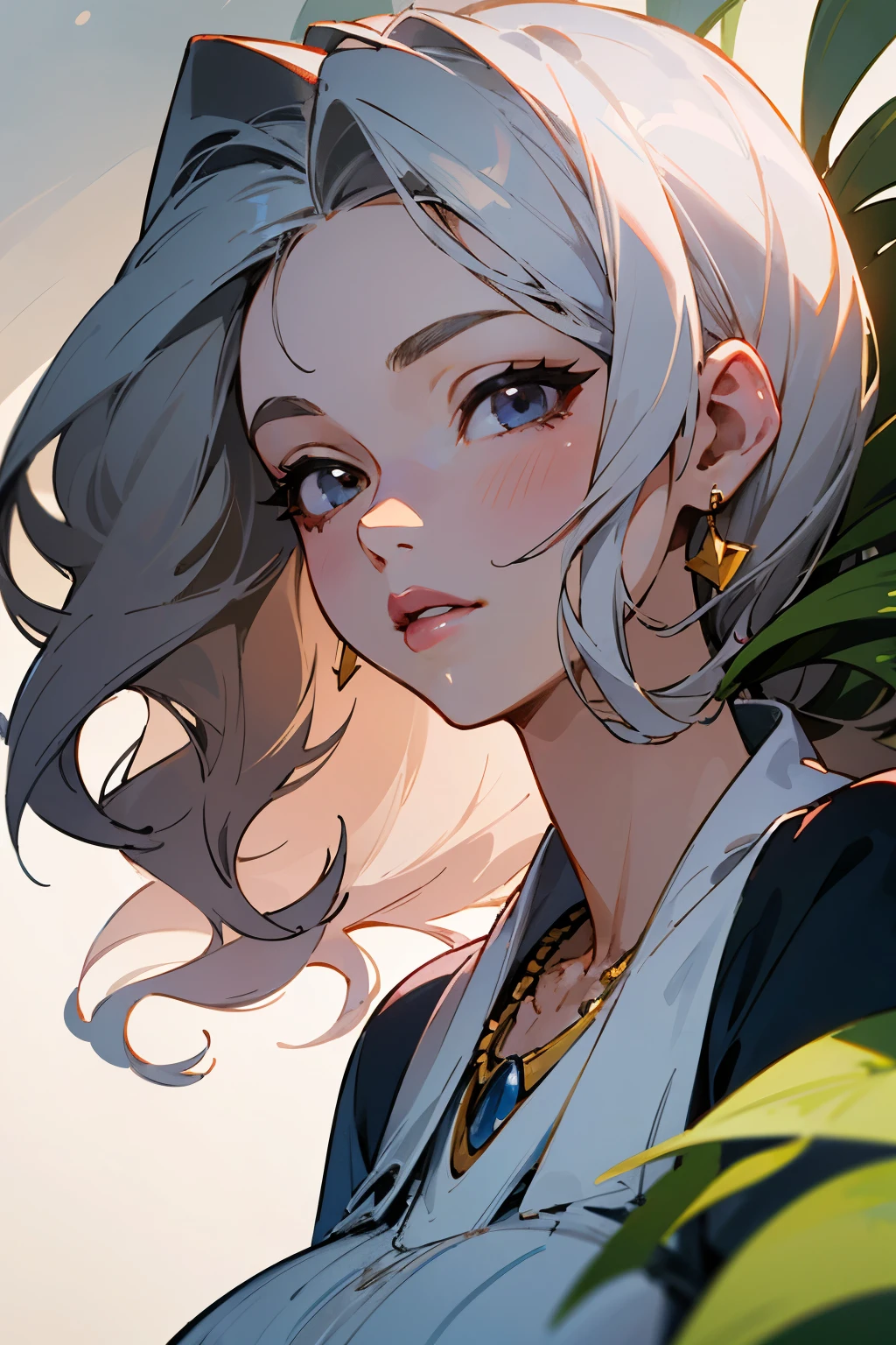 Image Style: manhwa, illustration, anime.

scenario: White wall with plants next to it and sunlight reflection on the face.

The front: A girl with caramel eyes detailed, detailed silver wavy hair, large cilia, pink lips, a white tied top, thin waist, sonic face necklace, Spider Tactical Headphones

((detailed work)) ((best quality)) 

