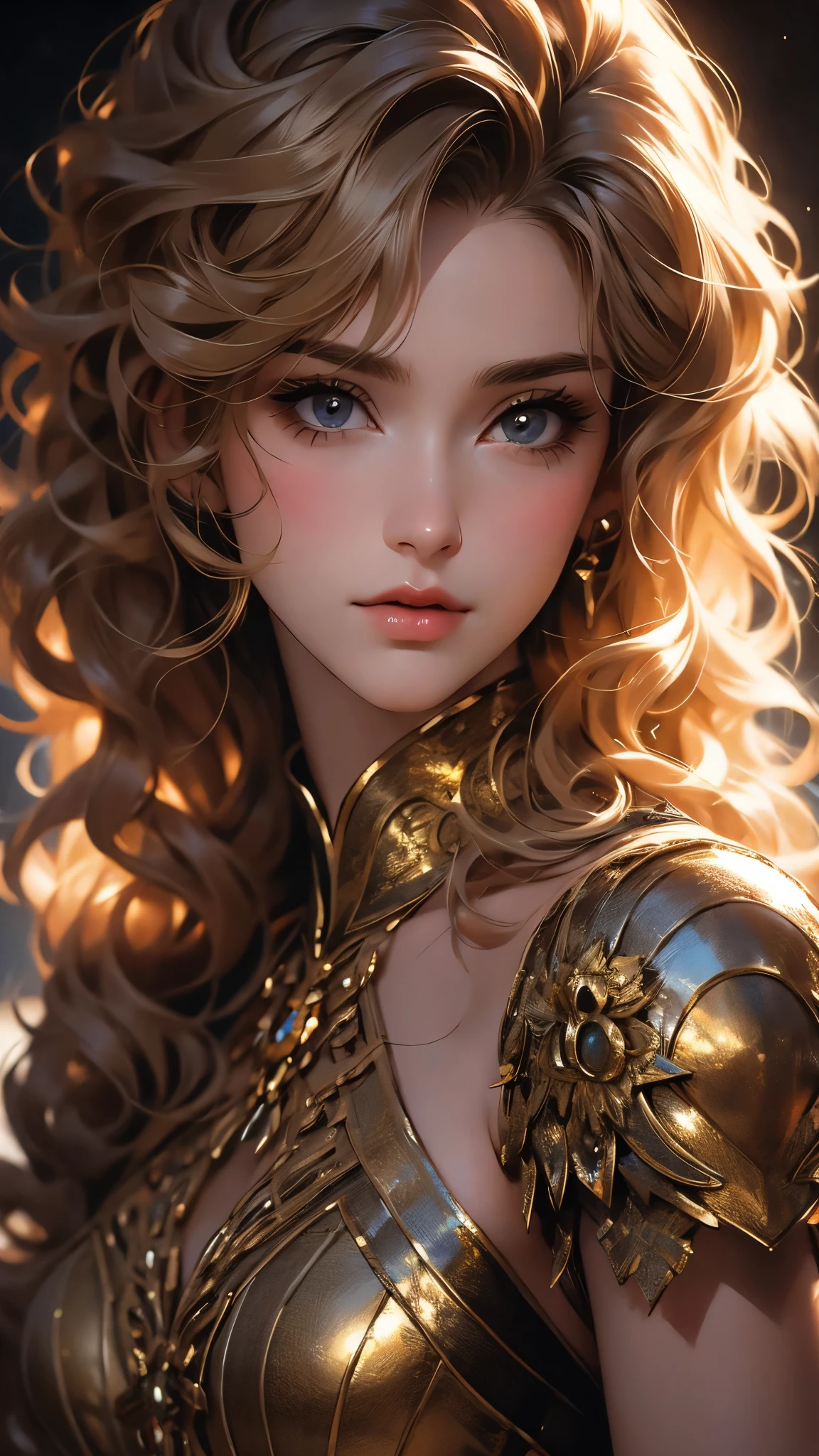 ((Masterpiece)), envision a 8k, highres, cinematic, extremely beautiful semi realistic close up portrait of a beautiful lady with a slender body, strong face, older mature face, really curly blonde hair, side locks, long bangs, brown eyes, armored dress, ((((1girl)))), in dark lighting, against a dark gray background