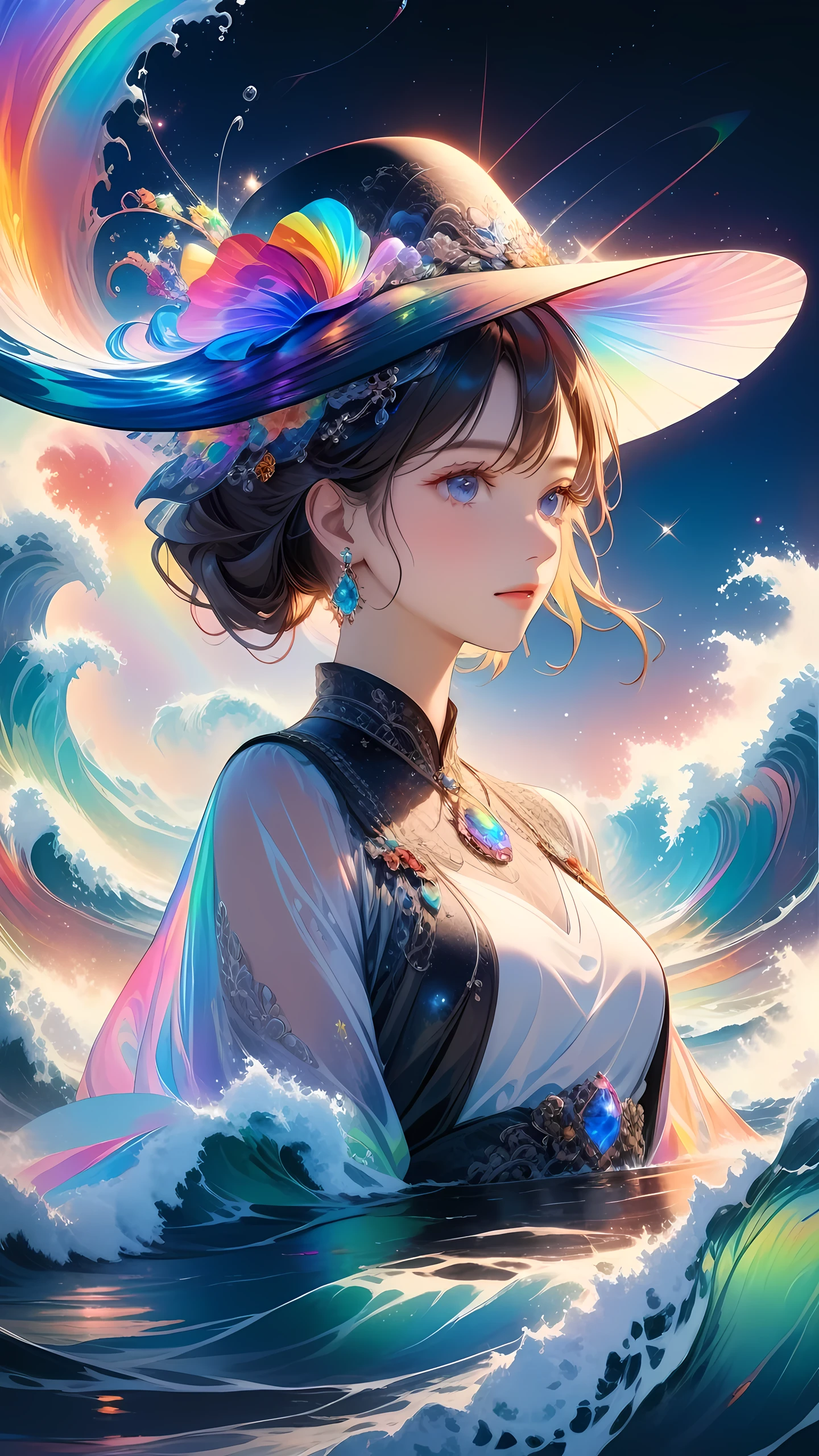 a beautiful young woman，Ultra-detailed，Rich details，jewelry，jewelry，hat， mysterious waves at night. 3d. rainbow colors. The melting beauty of the universe. Surrealism in Nebula Reflections