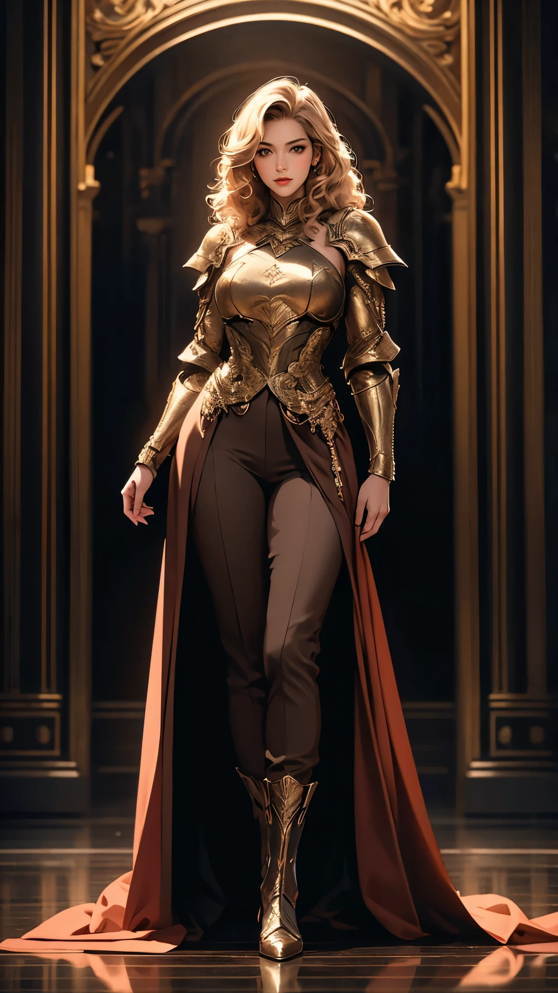 ((Masterpiece)), envision a 8k, highres, cinematic, extremely beautiful semi realistic full body pinup of a beautiful lady with a really slender body, strong face, older mature face, really curly blonde hair, side locks, long bangs, brown eyes, armored dress, pants, armor boots, ((((1girl)))), in dark lighting, against a dark gray background