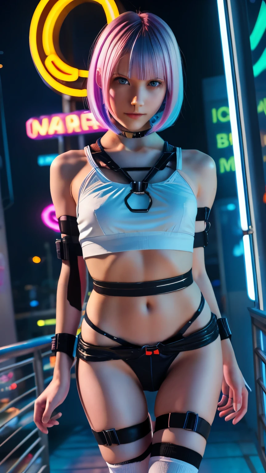 A colorful Bob cut haired punk canadian girl, smooth white skin, slender, skinny, cute face, innocent look, ultra high resolution, uhd, detailed cyberpunk outfit, wink, neon lighting, short skirt, colorful loose socks, athletic legs, vogue pose, modelling, beautiful detailed face, shibari, bound, straps