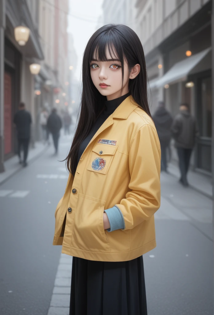 One girl, Yellow Jacket, Put your hands in your pockets, Gaze Here, Long black hair, heterochromatic eyes, heterochromatic eyes, Heterochromia, 8k resolution, Very detailed, Detailed eyes,Detailed Iris , Anatomically correct, Digital Painting, Concept Art,  Clear photo,  