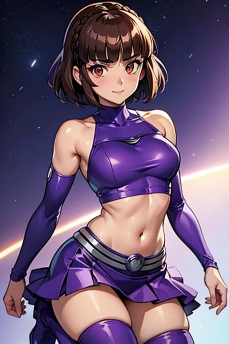 makoto_niijima, (short brown hair, blunt bangs, crownbraid), (red_eyes), wearing a starfire costume from teen titans, (purple ou...