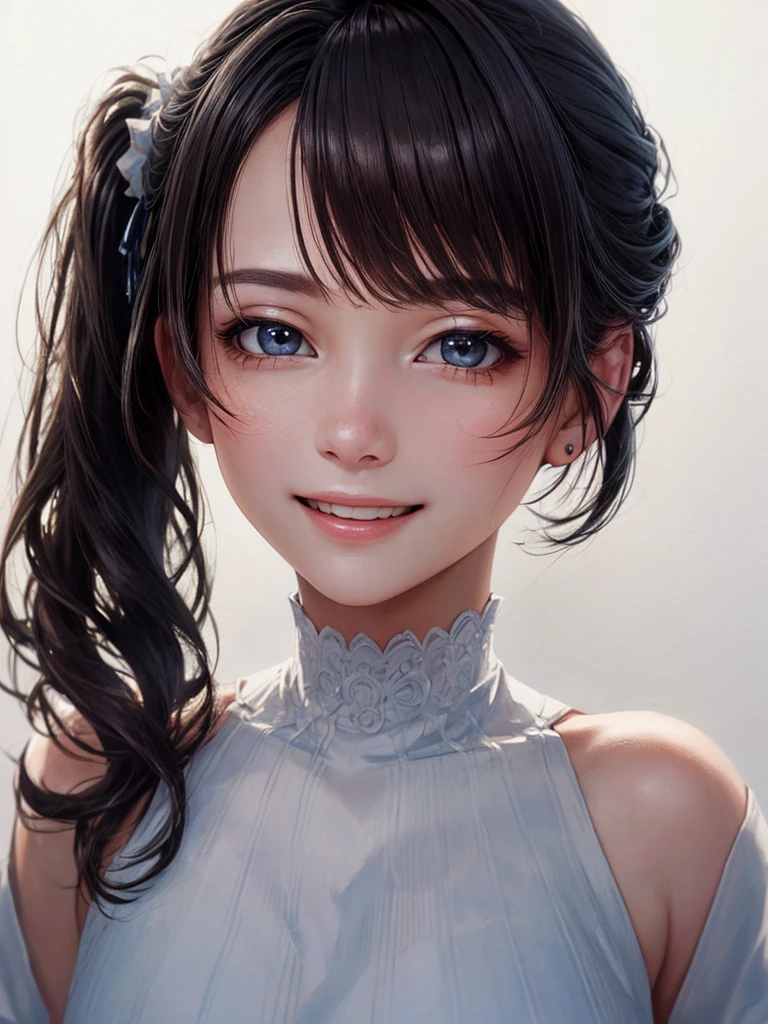 (highest quality、8k、32K、masterpiece)、(realistic)、(Photoreal:1.2)、(High resolution)、Super detailed、very beautiful face and eyes、1 girl、round and small face、thin waist、delicate body、(close、highest quality、high detail、rich skin details)、(highest quality、8k、oil paint:1.2)、Super detailed、(realistic、realistic:1.37)、bright colors、(((flaxen hair)))、(((bust shot)))、(((medium hair)))、(((side ponytail hair)))、(((pure white wall background)))、(((pure white wall background)))、(((She has a happy expression)))、(((I&#39;m smiling)))、(((wearing a black T-shirt)))、(((This is a T-shirt with the universe drawn on the chest.)))、(((look straight ahead)))、(((I have brown hair)))、(((the skirt is short)))、(((teeth visible)))、(((Hands are above the head)))、