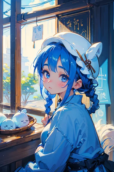 blue braids、a mochi-like hat on the head、a girl like sweet bean paste