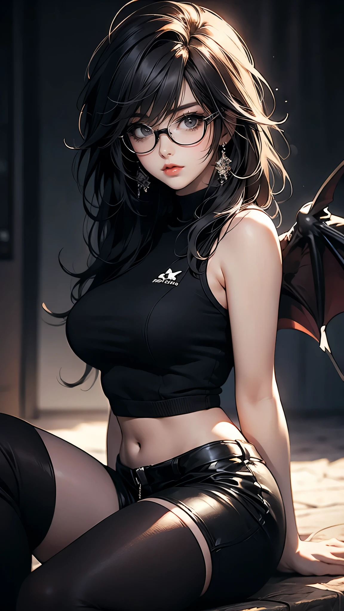 ((Masterpiece)), envision a 8k, highres, cinematic, extremely beautiful semi realistic full body pinup of a beautiful bat girl with a slender body, big breasts, strong face, older mature face, brown scene hair, side locks, long sweeping bangs, black eyes, soft lips, lip gloss, ((ahoge)), thick eyebrowns, round face, tank top, bomber jacket, glasses, bat wings, shorts, short boots, ((((1girl)))), in dark lighting, against a dark gray background